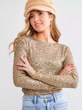 Free People Gold Sequin Long-Sleeve Top